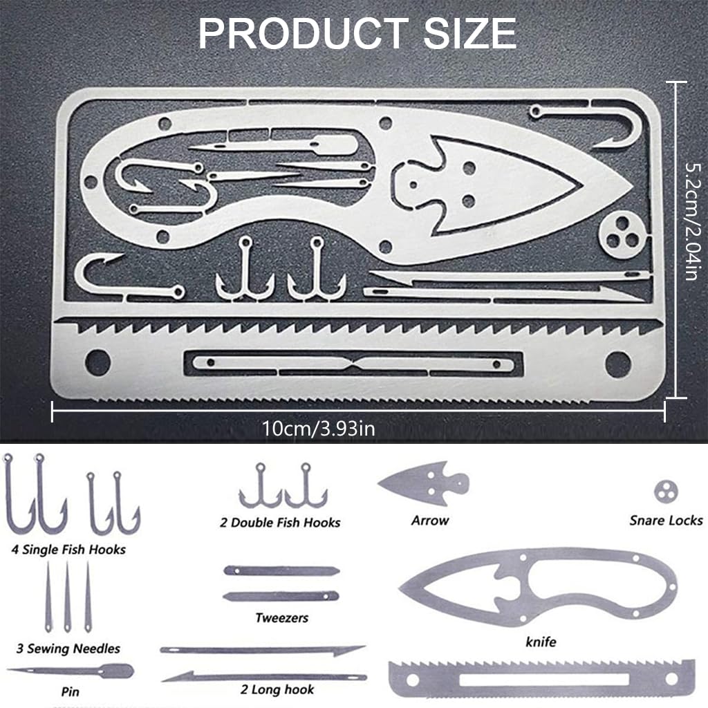 Proberos Survival Card 18-in-1 Fishhook Card Silver Stainless Steel Multifunctioal Fishhook Card Tool Fishing Tool Outdoor Camping Fishhook Card Tactical Utility Emergency Hiking Tool