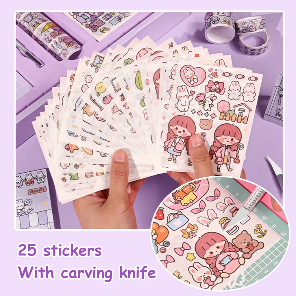 HASTHIP Cartoon Scrapbook Kit Gift Set Cute Theme Notebook Washi Tape Stickers Set Aesthetic Decorative Sticker Set for Bullet Journal, Scrapbook,Junk Journal, Paper