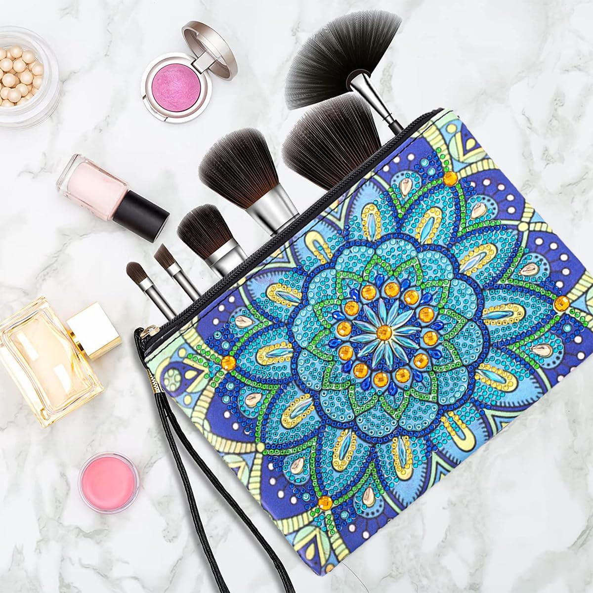 HASTHIP DIY Makeup Bag Diamond Painting Art Material Kit with Color Gem Packs, Tools & Accessories, Blue Mandala Diamond Painting Utility Bag with Lanyard DIY Diamond Craft Gift, 8.26x6.29 inches