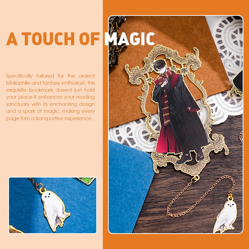 Climberty Enchanted Wizarding World-Themed Metal Bookmark with Chain & Owl Charm, Gold Finish Anime Cartoon Figure, Perfect Reader Gift for Fans & Students, Slim Design, Ideal for Book Lovers