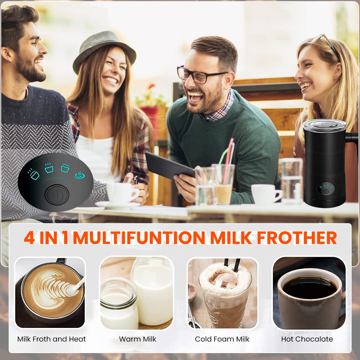 Supvox Electric Milk Frother for Coffee 350ML 4 in 1 Coffee Machine with Milk Frother Electric Foam Maker 400W Automatic Milk Shaker Mixer Machine Hot & Cold Frothing Milk Heater Electric Foamer