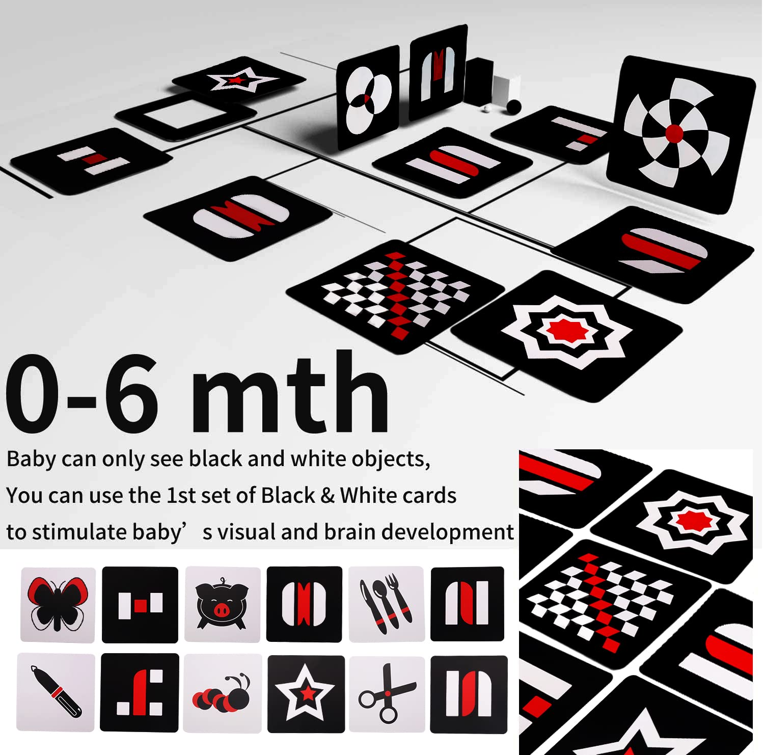 SNOWIE SOFT Black RedFlash Cards for Infants, 16 Pictures 5.5 x 5.5 Inch Designed Contrast Cards for Newborn Baby Toys with High Contrast (3-6 Months)