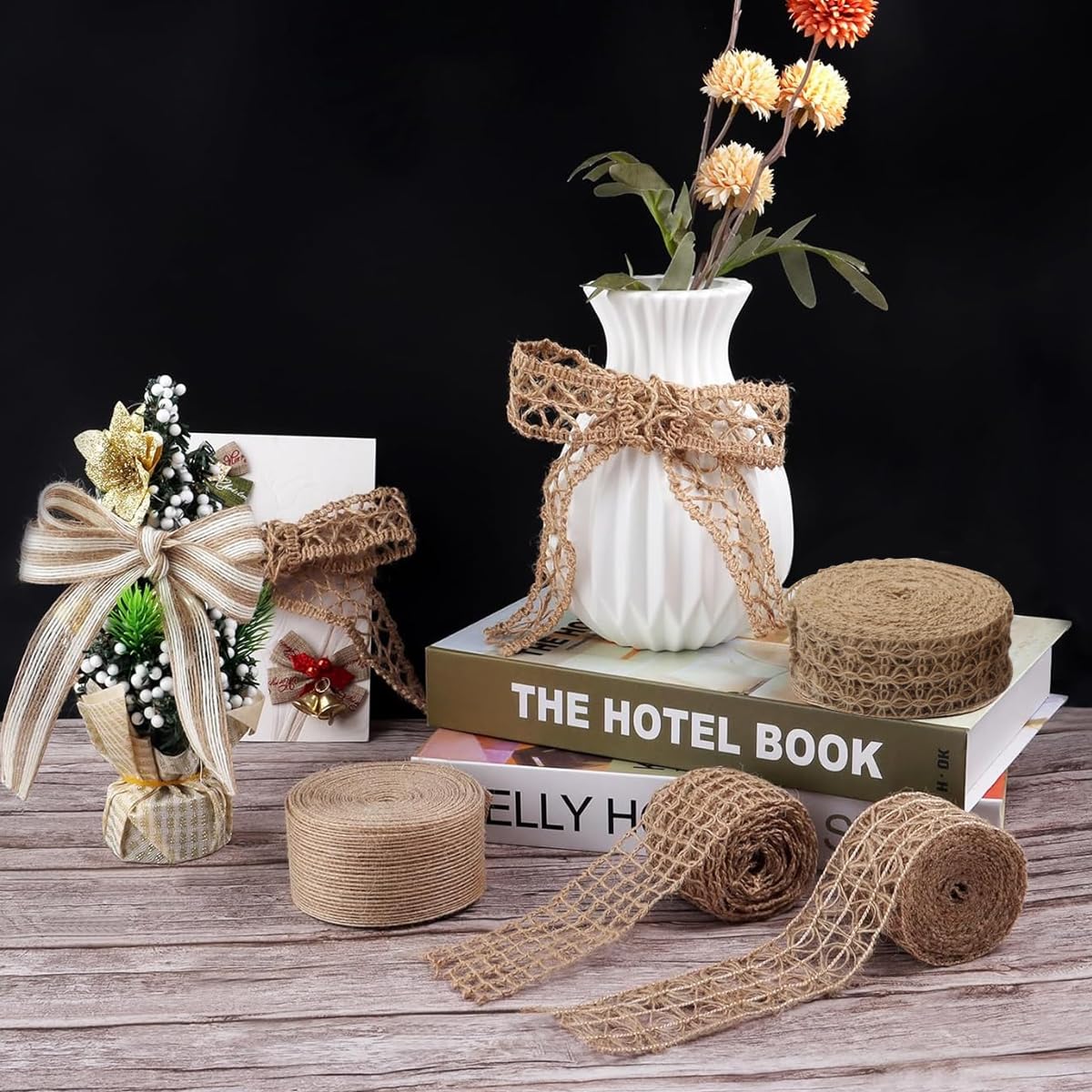 PATPAT Jute Burlap Ribbon, 4 Rolls 6.6ft Jute Rope for Craft, Creative DIY ribbons for gift wrapping, DIY Project, Event & Wedding Decorations, Natural Fabric Roll Craft Decoration Lace