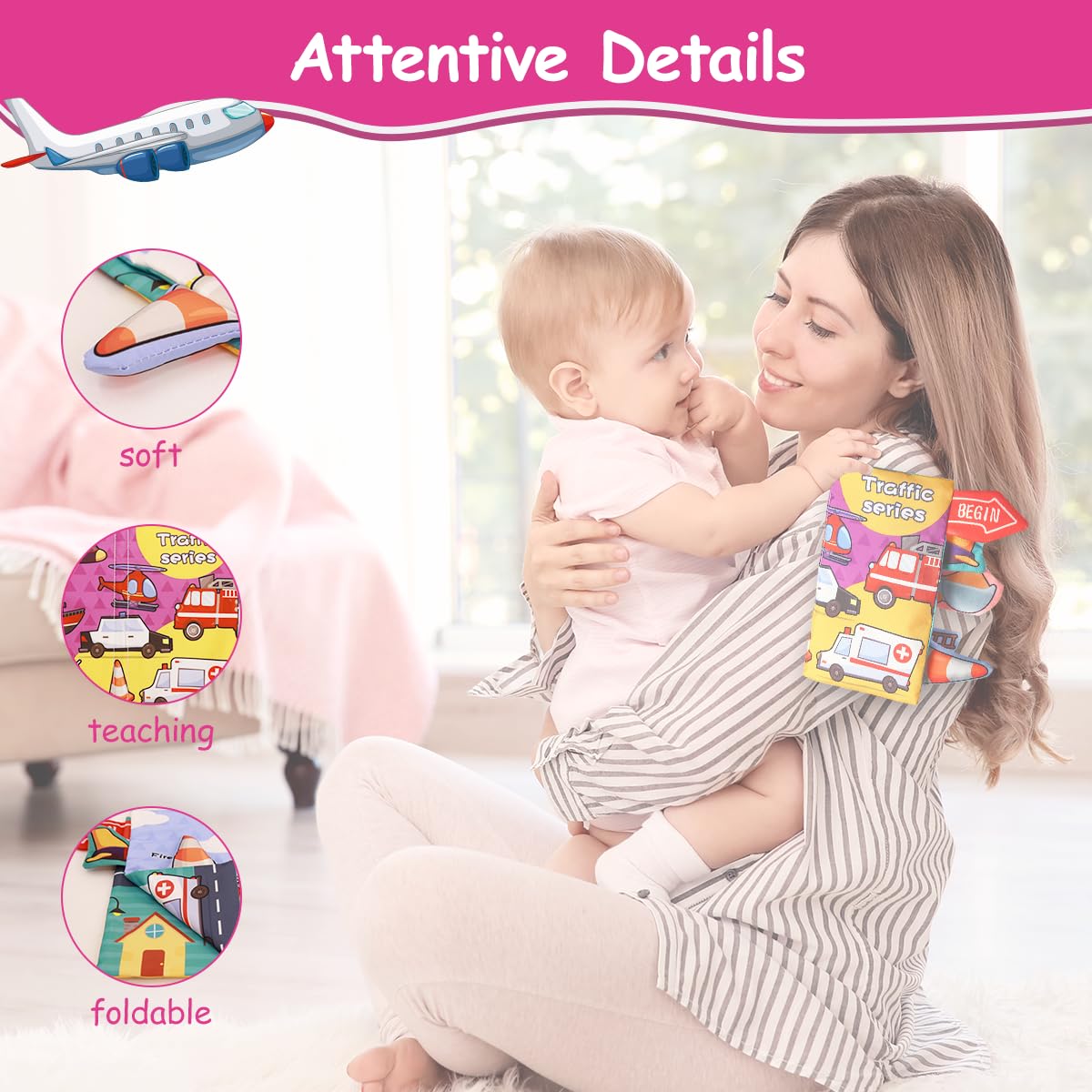 PATPAT Cloth Book for Babies, 3D Cartoon Car Cloth Book Hanging Toys for Babies 0-6 Months Soft Cloth Books, Sensory Toys Book, Early Development Toys Baby Cloth Book for Toddler 3-18 Months