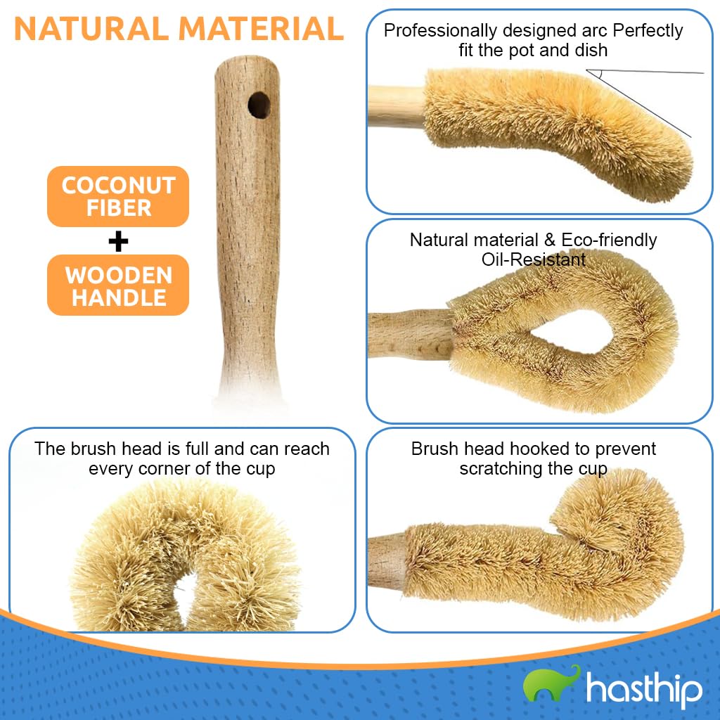 HASTHIP 2Pcs Kitchen Pot Cleaning Brushes with Wooden Handle, Natural Coconut Shell Fiber, Hard Bristles Coir Scrubber for Pots, Pans, Utensils
