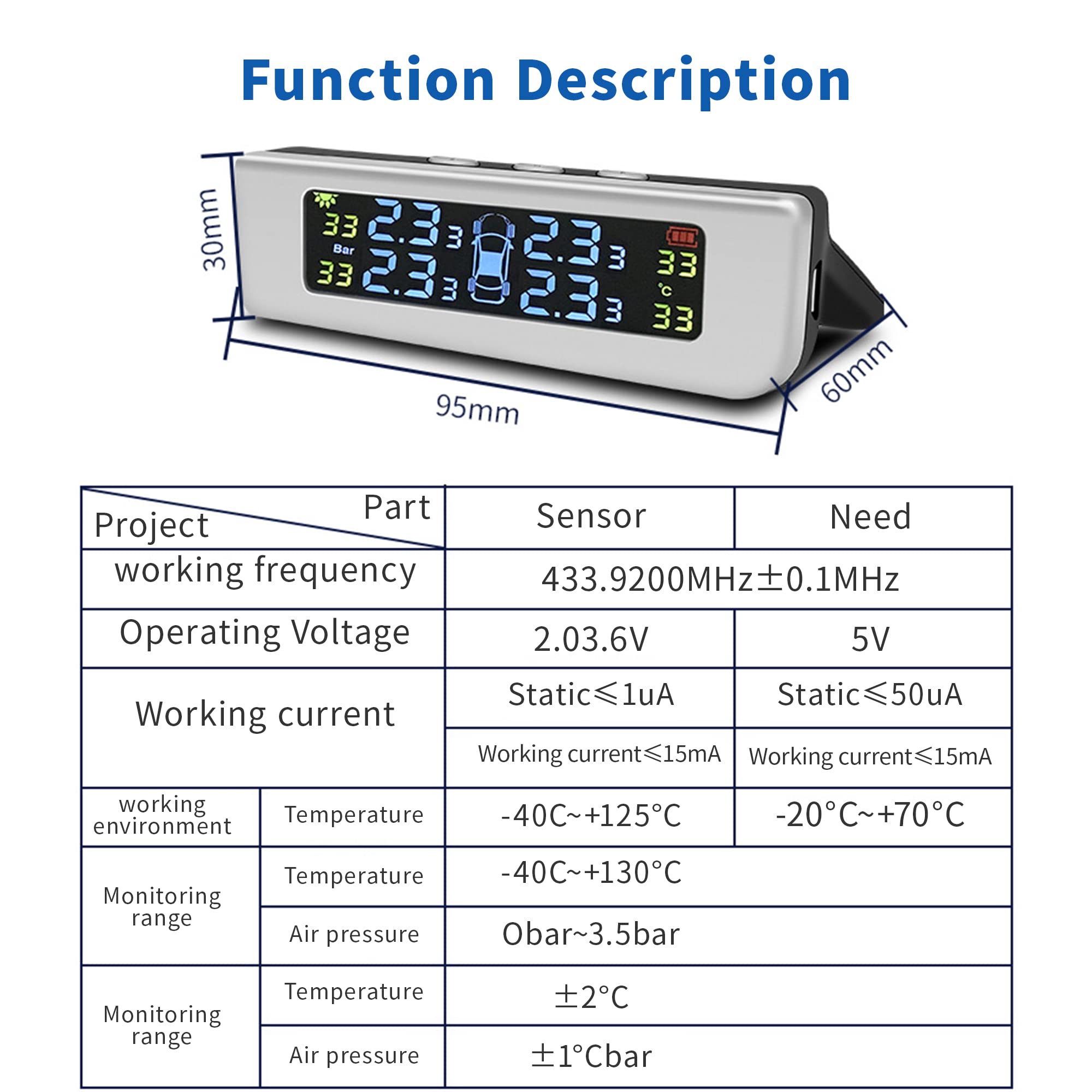STHIRA Tyre Pressure Monitor Tpms For Cars, Solar Car Tyre Pressure Monitoring System For Car With 4 External Sensors, Tire Pressure Monitor With 3 Digital Accrate Real-Time LCD Display, 0-51PSI