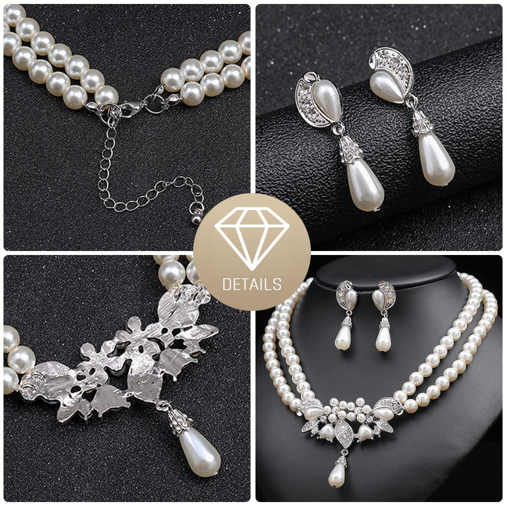 SANNIDHI Pearl Necklace Earrings Double Layer Faux Pearl Necklace Eardrop Set for Women Girls, Lady Pearl Pendent Necklace, Elegant Bridal Jewelry Set, Pearl Necklace Earrings Set for Banquet, Party