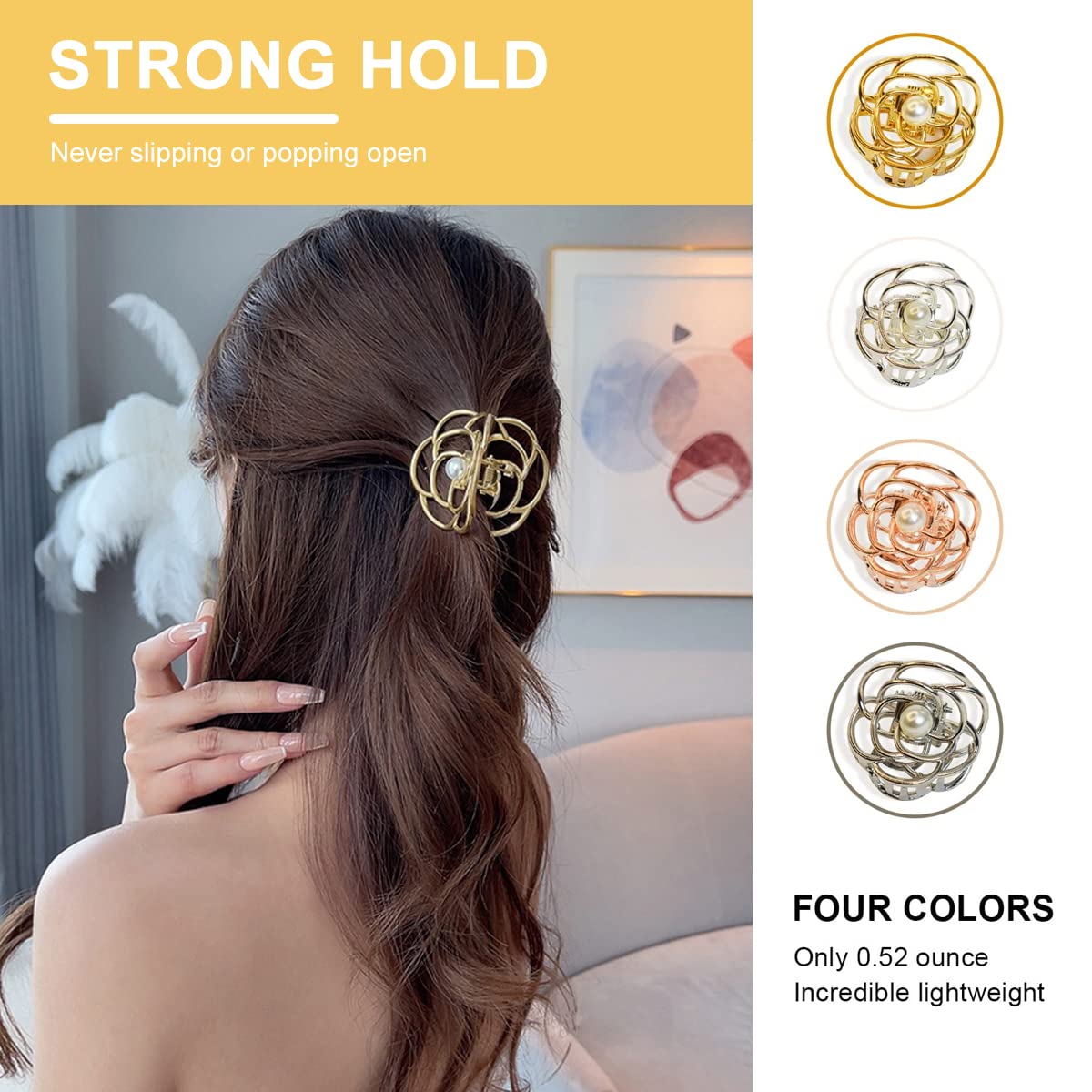 PALAY 4 Pcs Small Hair Clips for Women Stylish Latest Rose Flower Metal Hair Claw Clips, 1.4 Inch Cute Pearl Gold Silver Jaw Clamp, Nonslip Fancy Horsetail Clip Hair Accessories Girls Gift