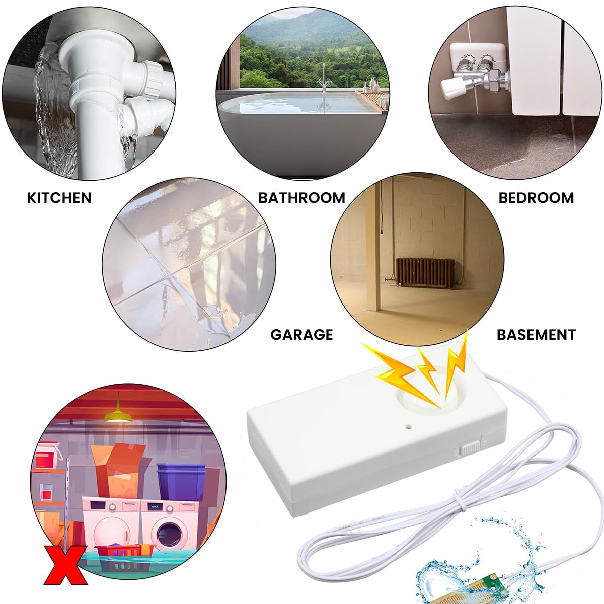 Serplex Water Alarm Sensor Alarm for Water Tank Overflow 120dB Alarm, 9V Battery Powered Overflow Leak Alarm with Seperate Switch Control Senstive Metal Probe Overflow Leak Alarm