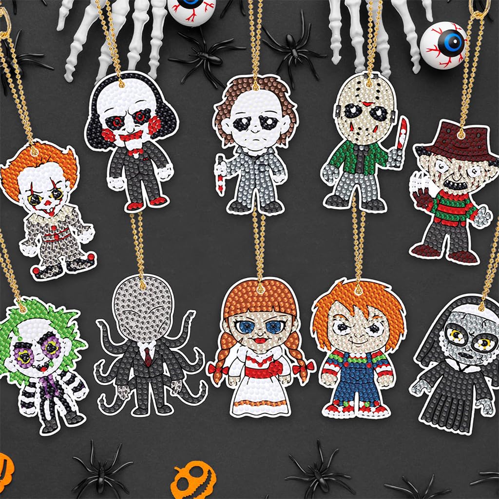 PATPAT 10Pcs Halloween Diamond Art Keychains Horror Movie DIY Diamond Keychain Scary Stuff Halloween Gifts for