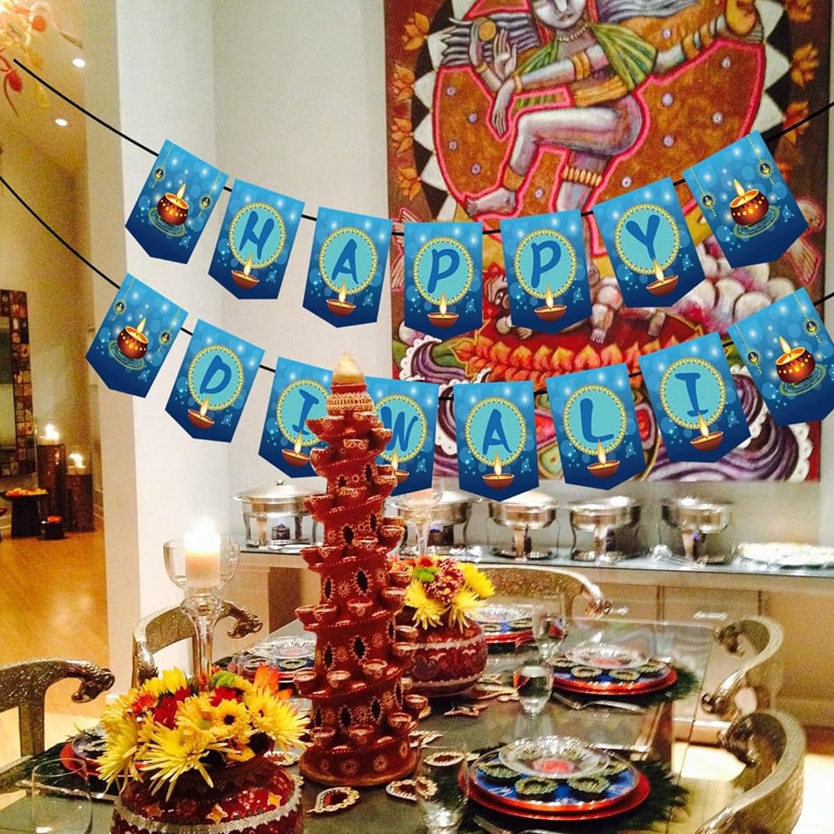 HASTHIP Happy Diwali Banner and Diwali Decorations Hanging, Wall Decoration Bunting Banner, Cake & Cupcake Toppers, Hanging Diwali Decor for Deepavali Diwali Festival Themed Light Party Decor Favor