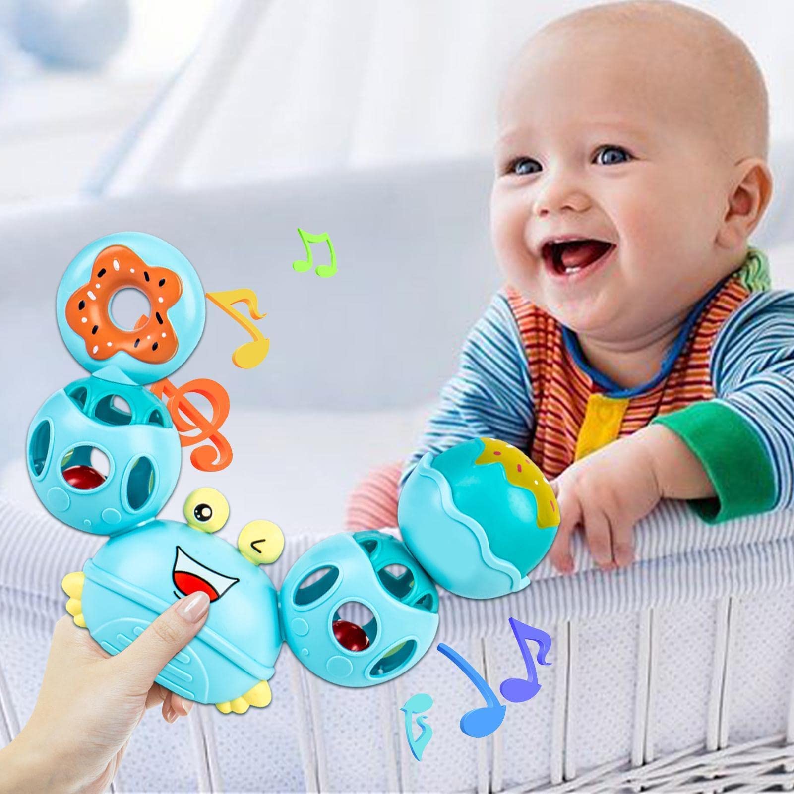 PATPAT Rattles for Baby 0-6 Months Cartoon Crab Sensory Teething Toys for Babies 360 ° Rotation Rattle Toy BPA-Free Soothing Toy Toddler Activity Toys New Born Baby Toys Gifts for Boys Girls- Blue