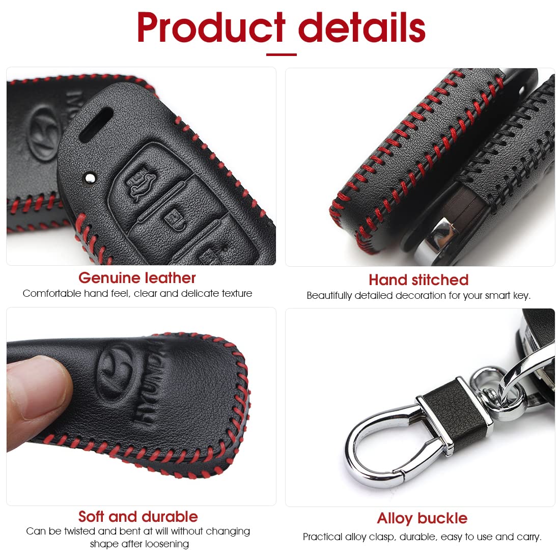 GUSTAVE Car Key Case, Soft Leather Key Cover for Hyundai 3 Button Smart Key with Keychain (3 Button Smart Key, Black)
