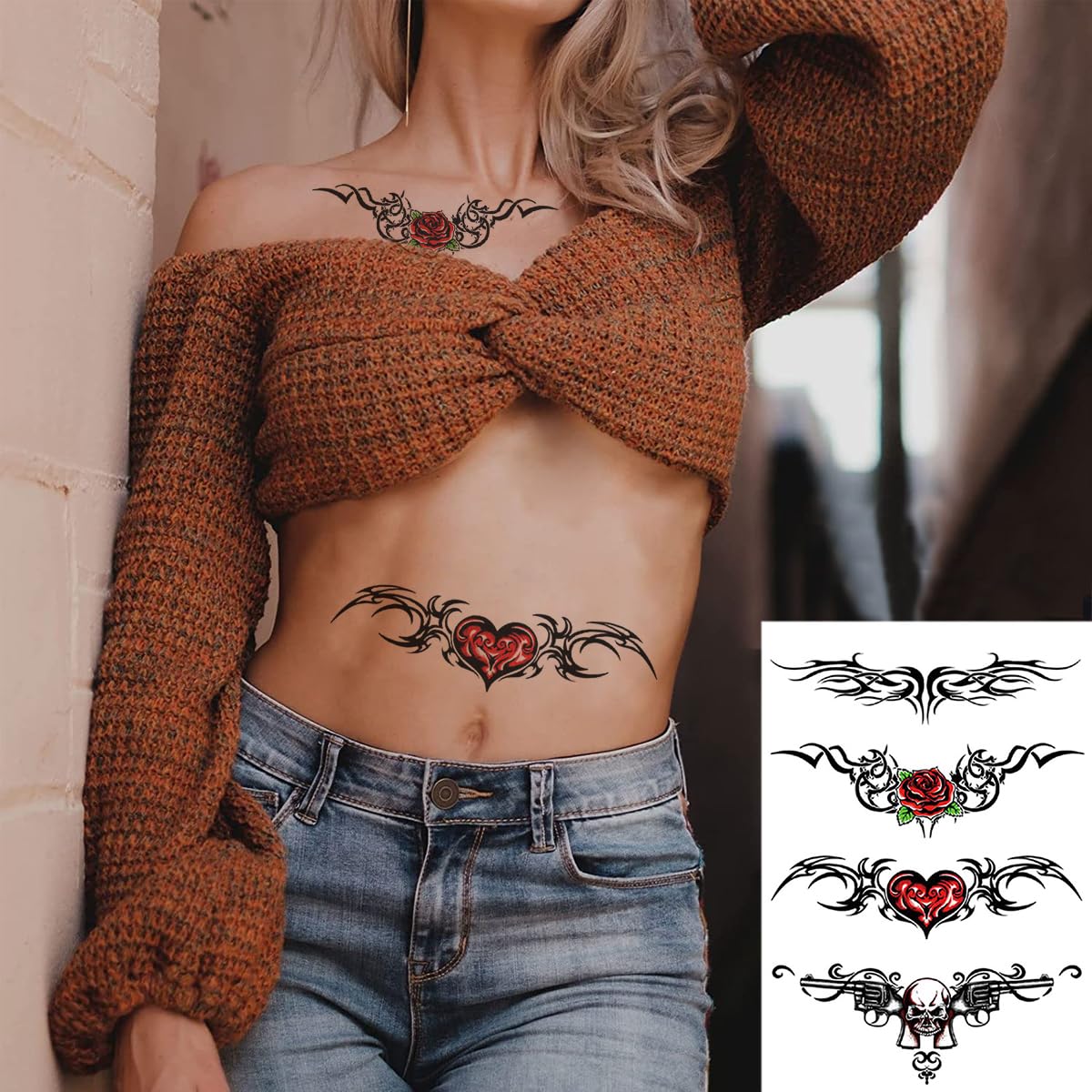 MAYCREATE 8 sheets Temporary Tattoos Sticker for Women Clavicle Temporary Tattoo Sticker Waterproof Temporary Tattoo Stickers for Arm, Waist, Chest, Temporary Tattoo for Fun
