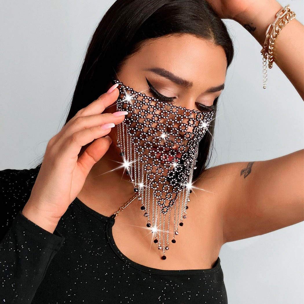 PATPAT Tassel Mask for Women, Masquerade Masks, Sparkly Crystal Metal Mesh Mask, Black Tassel Beads Chain Masks for Performance, Prom, Costume Party Festival Rave, Masquerade Party