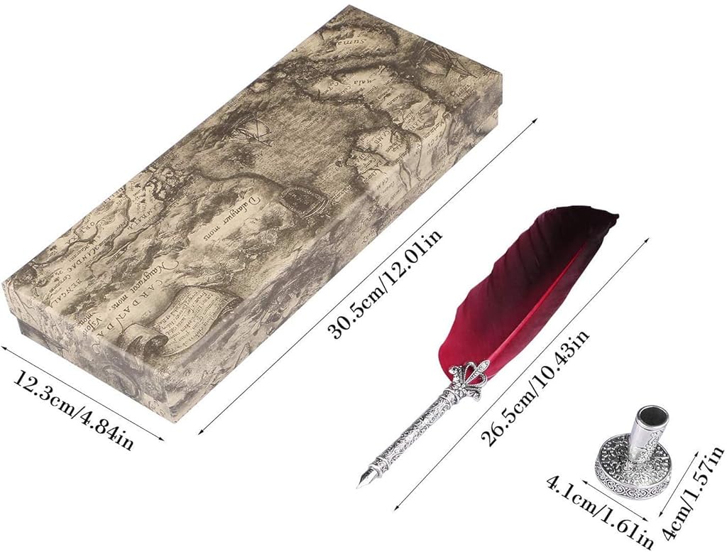 HASTHIP® English Calligraphy Feather Dip Quill Pen Writing Ink Set Stationery Gift Box with 5 Nibs and Ink Red 3 PCS