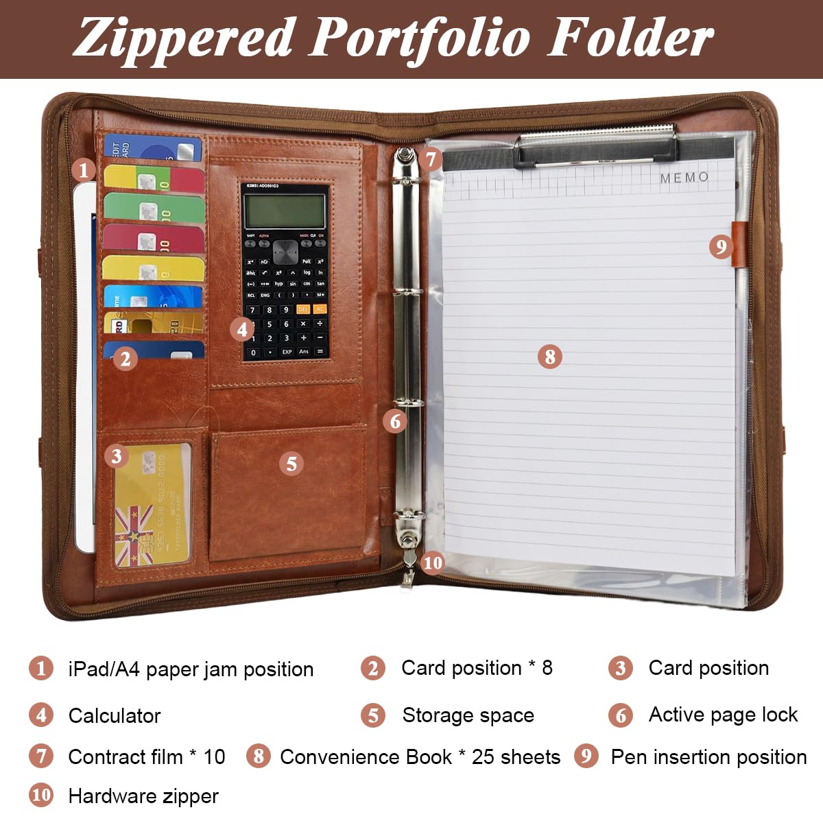 Climberty A4 PU Leather Portfolio Binder Handbag - Waterproof Portfolio Binder with Multi Card Holder Clipboard & Zipper, Stylish Business Travel Document Organizer, 24x34 cm