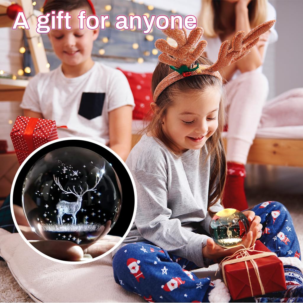 HASTHIP 6cm 3D Inner Christmas Deer Crystal Ball, Glass Sphere Laser Engraved Ball with Sliver-Plated Flowering Stand, Christmas Home Decor Desk Ornament Birthday Gift Festival Gift