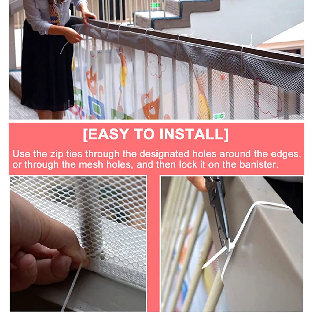 SNOWIE SOFT Baby Safety Net for Balcony Baby Protection Stairway Safety Net Protector with 25 Nylon Ropes and 15 Plastic Buckle Safety Banister Stair Mesh for Baby Toddler Decent Mesh Fabric, 3*0.79M