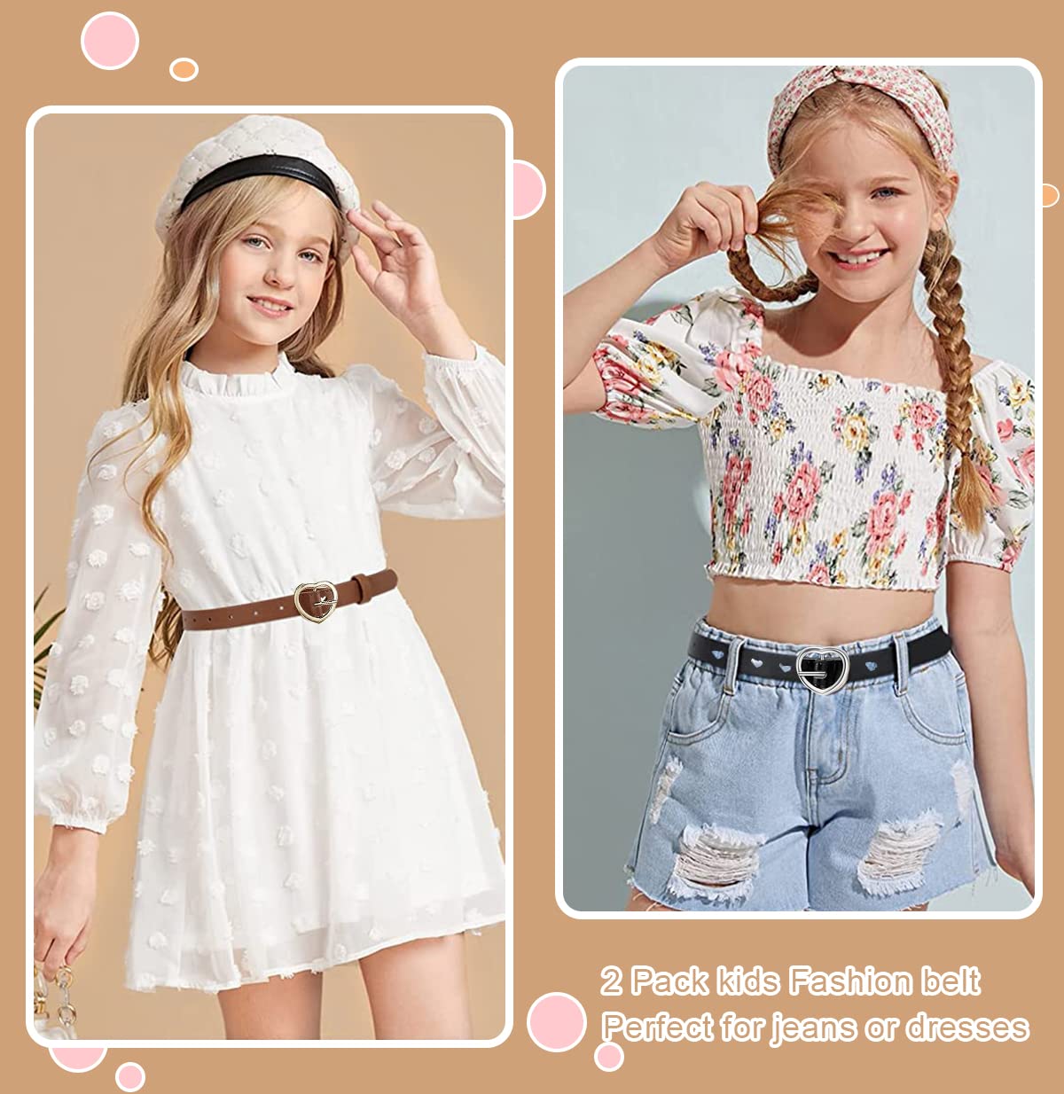 PALAY Kids Belt for Girls 6-12, 2Pcs Fashion Girls Belt PU Leather Hollow Heart Metal Buckle Belt for Girl Jeans Dress Pants Gift (Black & Brown, Suit for Waist 26-30