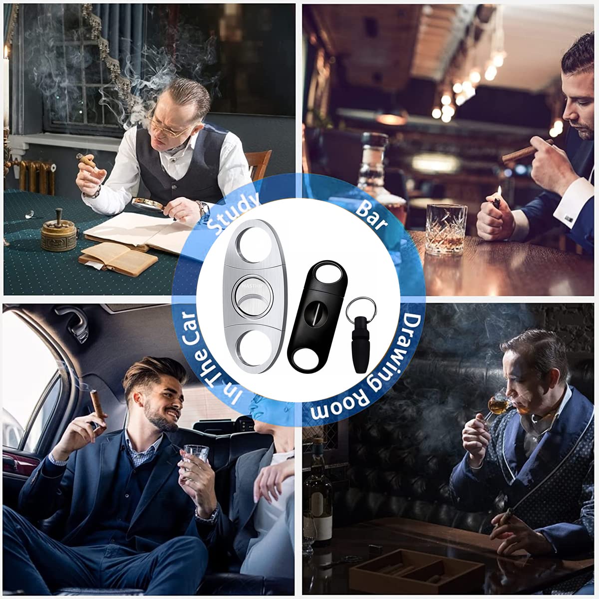 HASTHIP 3PCS Cigar Cutter Set, Stainless Steel V-Cut Cigar Cutter & Cigar Punch for Most Size of Cigars, Portable Pocket Cigar Tool with Bag, Perfect Combo of Cigar Accessories for Men