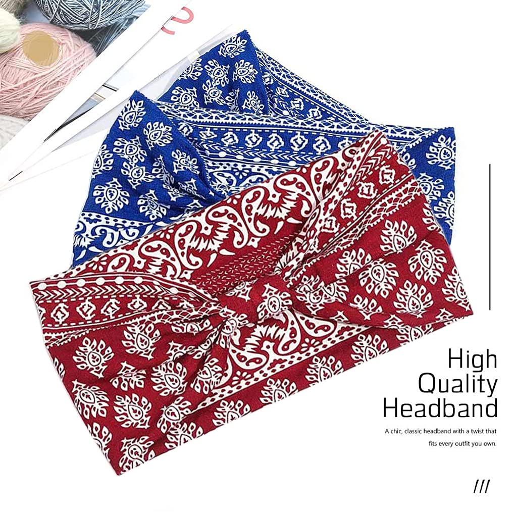 Proberos 2Pcs Gym Headbands Bohemian Headbands for Women Men, Stretch Wide Hair Bands Stylish Yoga Sweatband for Workout, Running, Tennis, Badminton, Marathons, Cycling, Black+Red+Blue