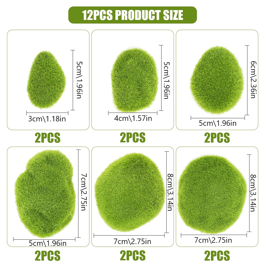 HASTHIP 12pcs Small Artificial Moss Cobblestones Assorted Shaped Decorative Green Moss Covered Stones for Plant Pots