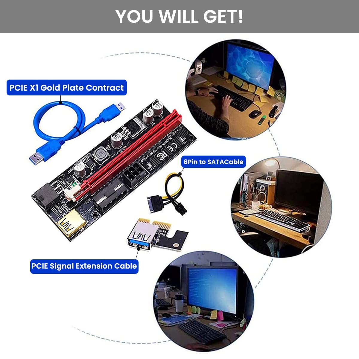 Verilux Pi+ VER009S Gold PCI-E 6Pin 1X to 16X Powered Pcie Riser Adapter Card & USB 3.0 Graphic Extension Cable GPU Riser Adapter-Mining Bitcoin, Ethereum ETH Zcash ZEC Monero XMR (VER009S 2 Pack)