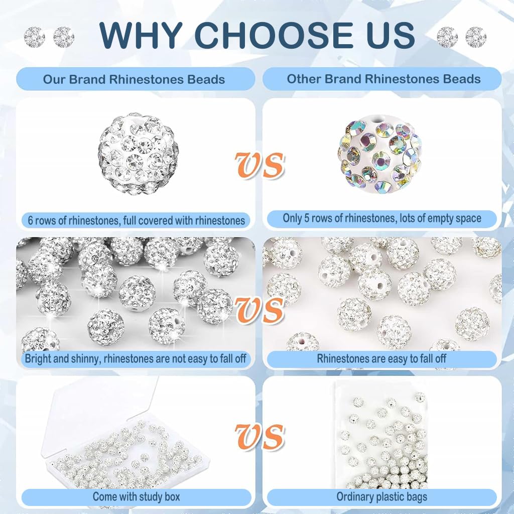 SANNIDHI 100Pcs Rhinestone Crystal Beads for Jewellery Making, 10mm Sparkle Clay Beads Kit, Polymer Ball Round Bracelet Beads White Craft Beads for Necklace Bracelet Earring Making Party Decor