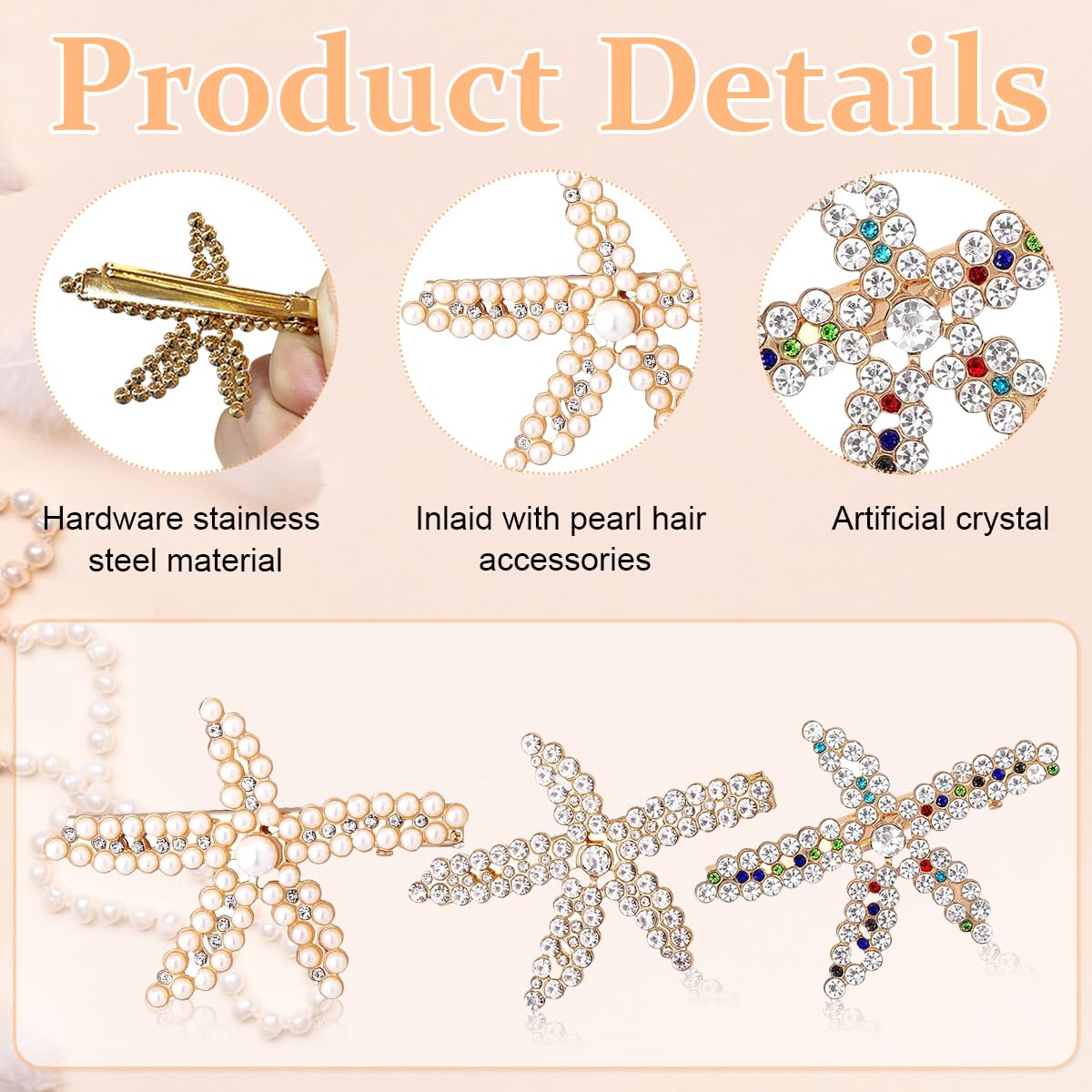 PALAY 3pcs Starfish Hair Clips for Women Stylish Latest Rhinestone Pearls Hair Clip Sea Star Crystal Headpiece Shining Gold Alloy Wedding Hair Acccessories for Girls Bride