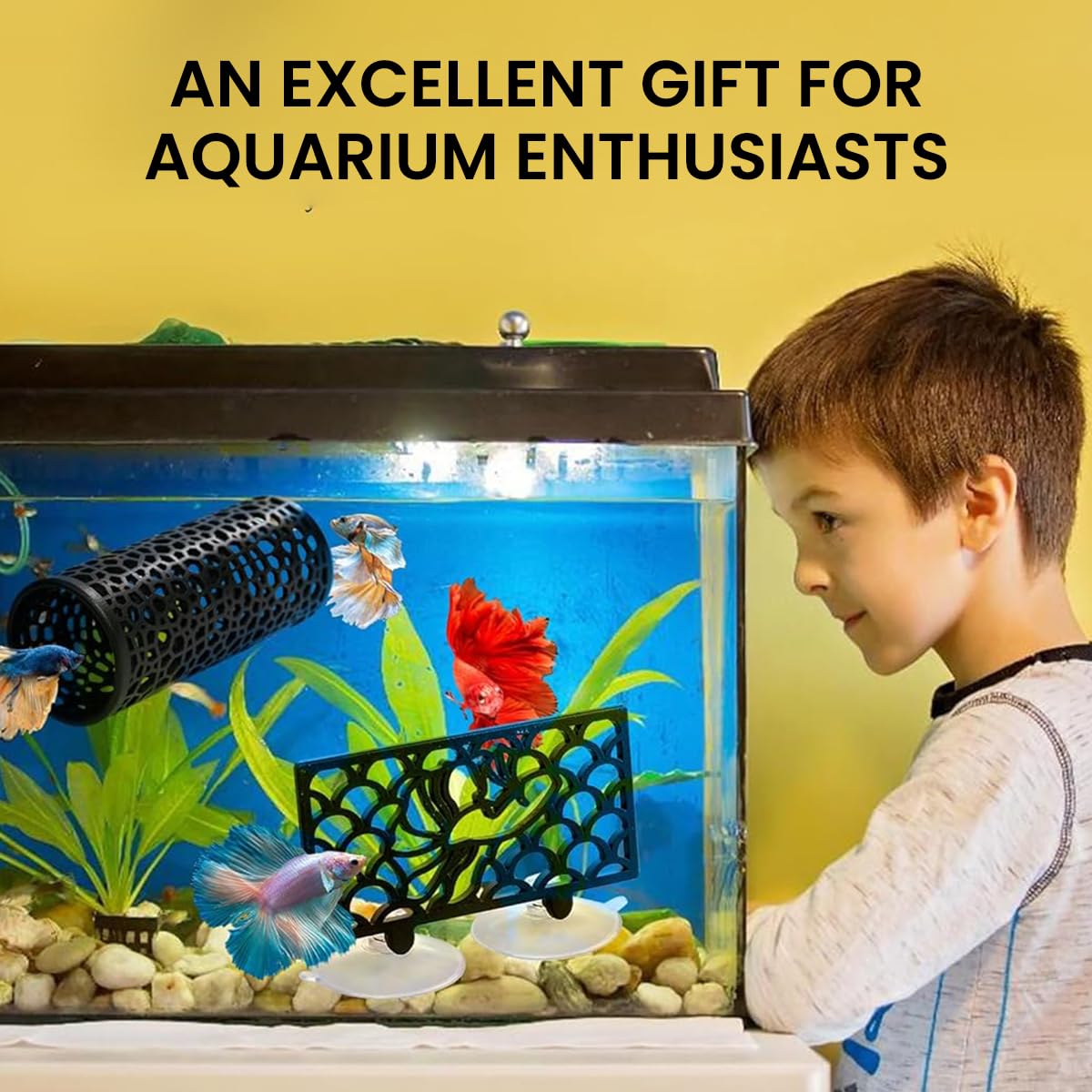 Qpets Betta Fish Tank Accessories Decoration with Suction Cup, Fish Hide Cave Tunnel Plastic Mesh Fish Tank Landscape Decoration Ornament - 2Pcs