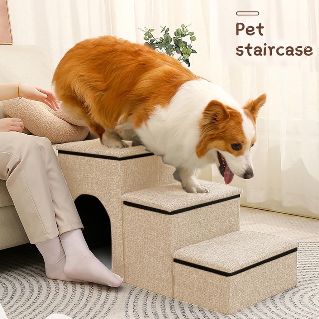 Qpets Multi Purpose Dog Cat Stair Pet Stair Pet House 3-Stair Cat House for Pet with Storage Space Foldable Pet Game Stair Dog Bed for Small Dog Cat Cat Beds