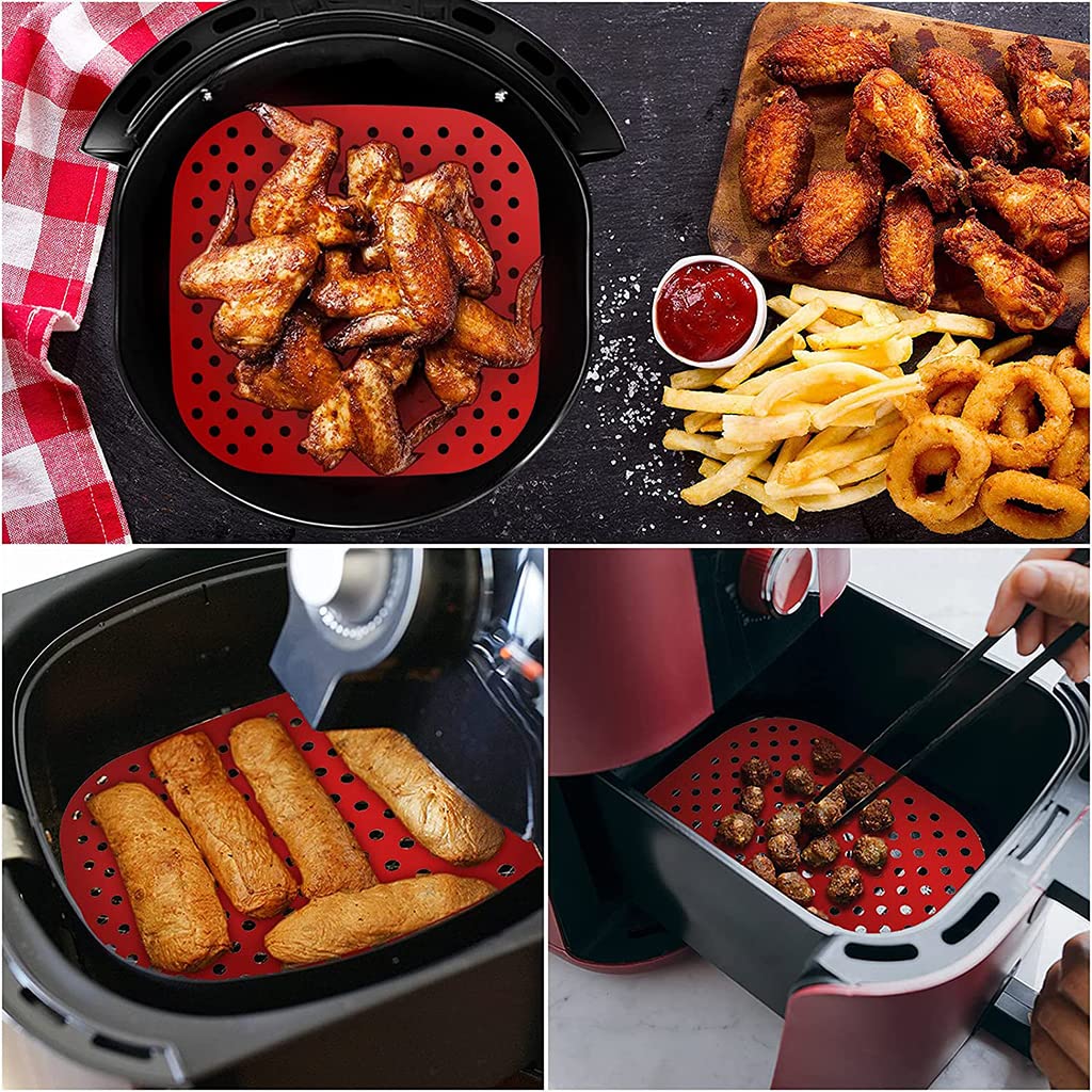 HASTHIP 2Pcs Air Fryer Liners, 8.5 Inch Air Fryer Silicone Baking Tray, Air Fryer Accessories, Non-Stick Air Fryers Basket Oven Accessories, Square Air Fryer Oven Pads (1 Red + 1 Black)