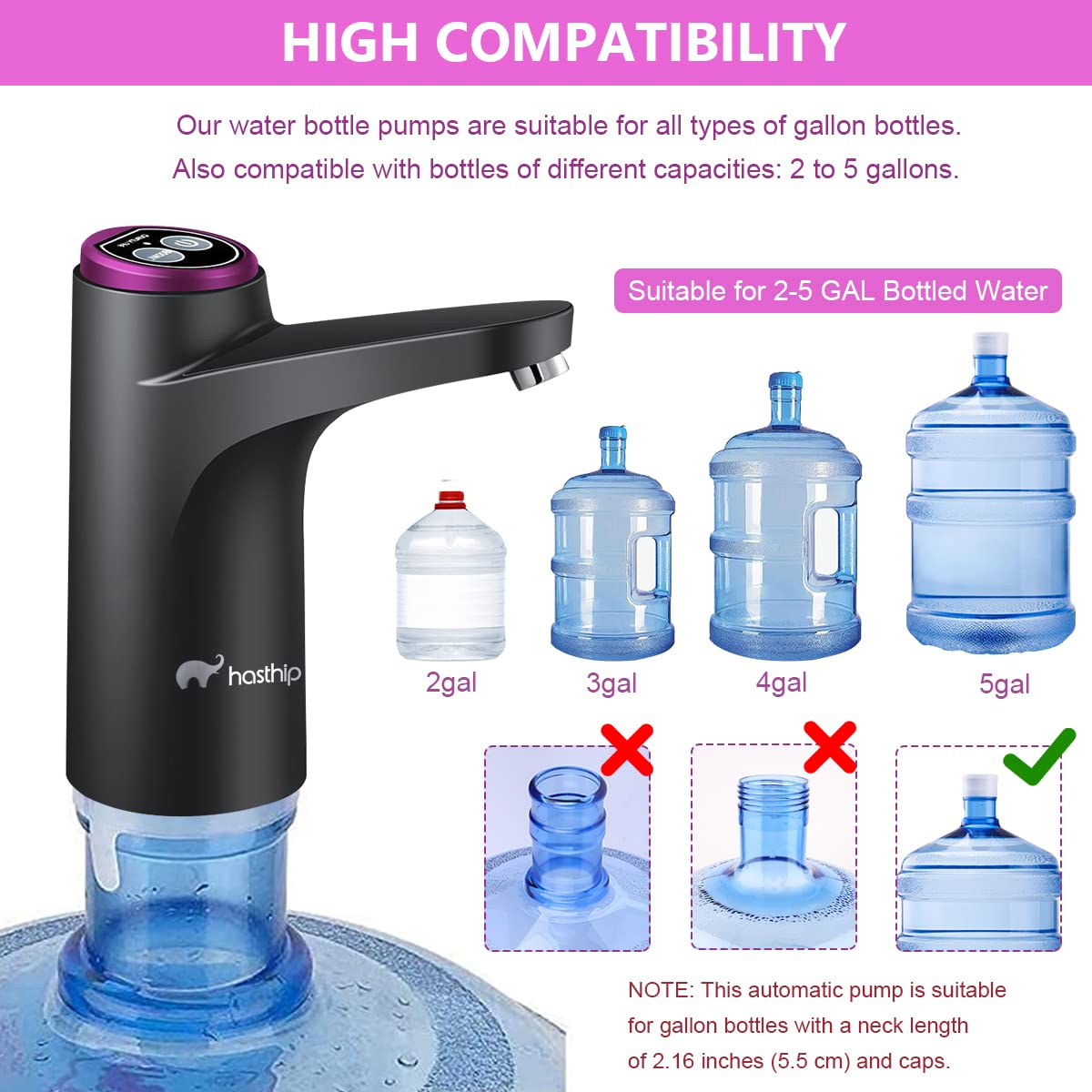 HASTHIP Automatic Water Dispenser Pump, Portable Can Water Dispenser Pump with USB Rechargeable Battery Suitable for Water Can with A 2.16-Inch (5.5cm) Neck, for Home, Office, Outdoor Etc (Black)