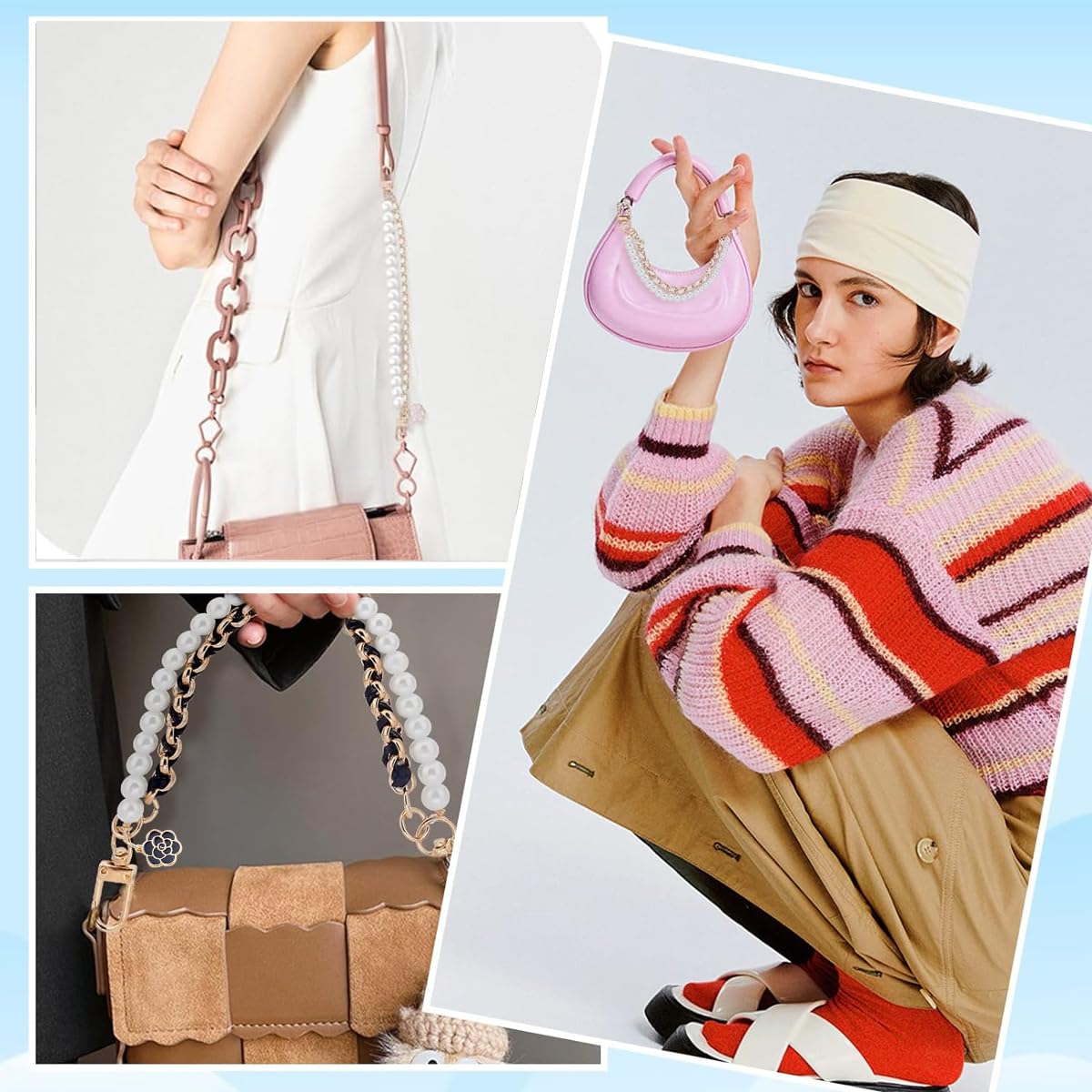 PALAY 2pcs Metal Bag Straps for Sling Bag Extender Chain for Bag Luxury Pearl Handbag Chain Replacement Dual-Layer Hand Strap Extension for Clutch Bag, Purse, Phone Case DIY Accessories