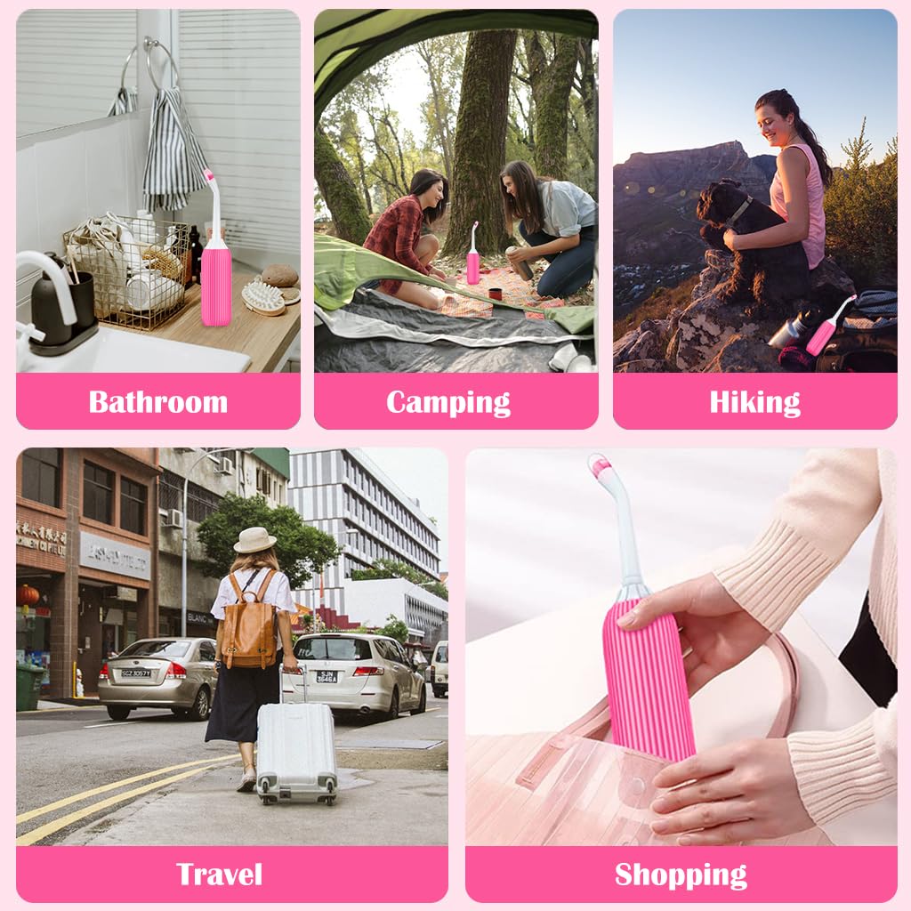 HANNEA 2 set 500ml Portable Jet Sprays with Bag/2 Nozzles for Toilet Retractable Handheld Travel Portable Bidet, Travel Essentials, Toilet Postpartum Perineal Clean Childbirth Cleaner-(Pink+Green)