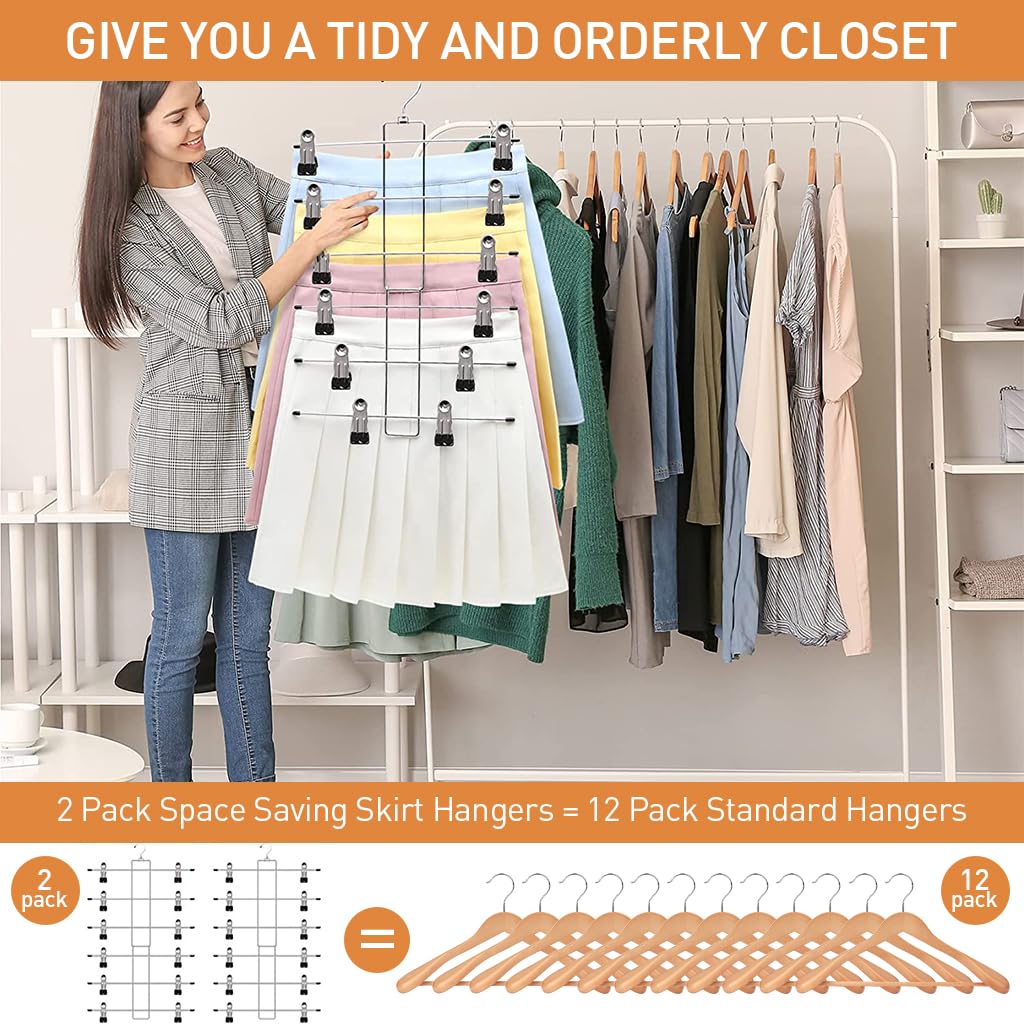 HASTHIP 2 Pack Hangers, Pants Hangers- 6 Tiers Skirt Hangers with 360° Swivel Hook, Hangers Space Saving Hanging Closet Organizer with Clips, Closet Organizers and Storage -Clothes Hangers