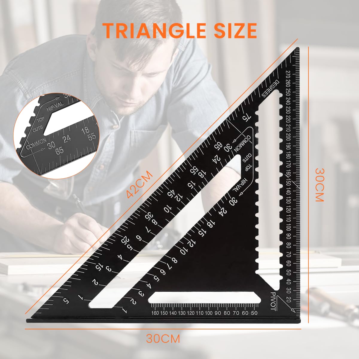 HASTHIP Scale Ruler, 12 Inch Accurate Carpentry Square Tools, Metric Triangle Ruler Square Protractor High Precision Aluminum Alloy Triangle Ruler Double Scale Miter Framing Measurement Ruler