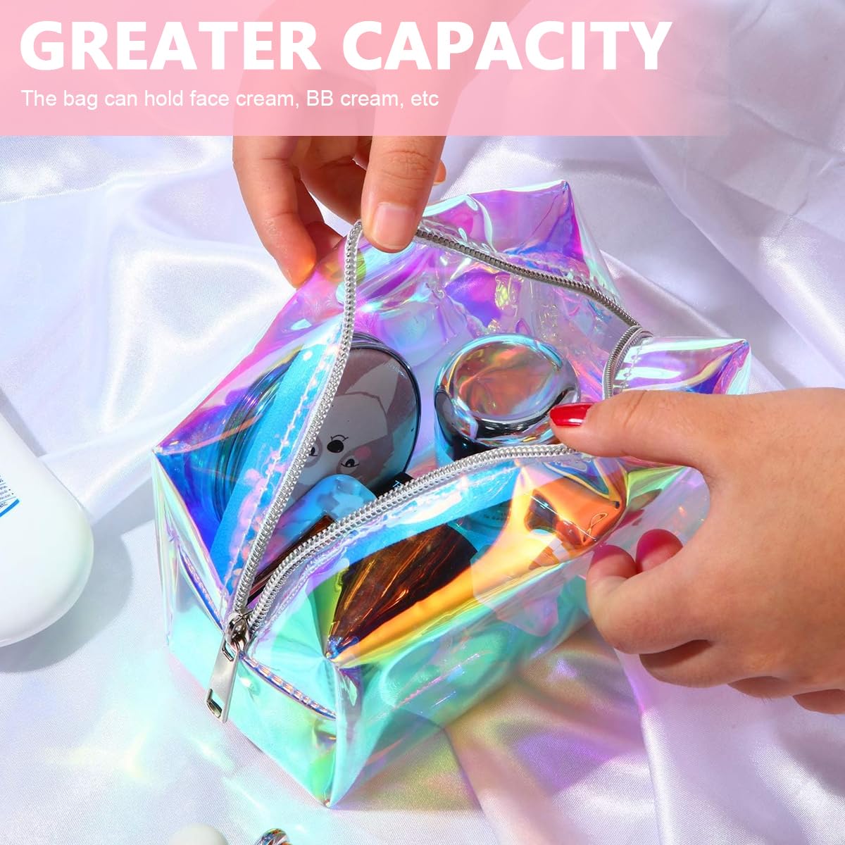 MAYCREATE Makeup Pouch Organizer TPU Holographic Cosmetic Bag, Multi-Use Semi-Transparent Cosmetic Travel Bag for Women Girls, Zipper Toiletry Bag Pencil Pouch