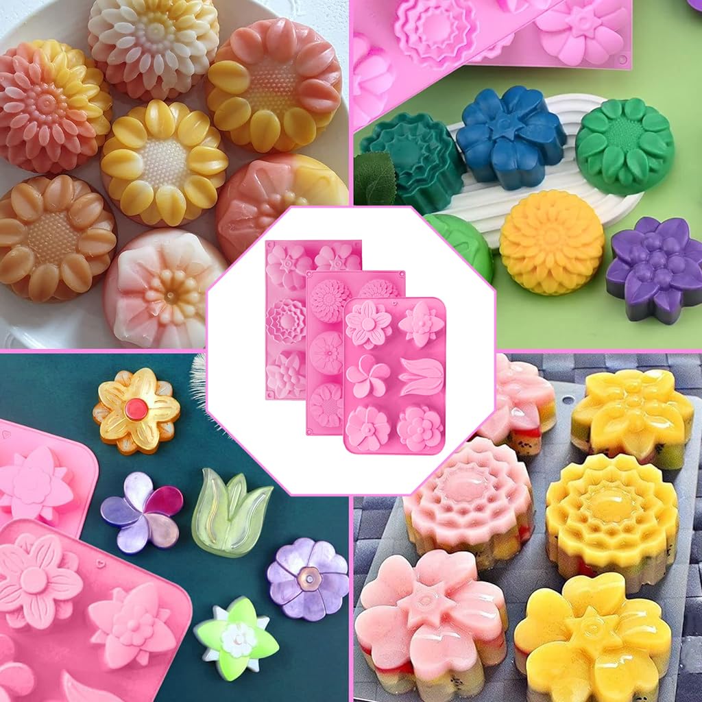 HASTHIP 3Pcs Silicone Soap Molds, 6 Styles Flowers Soap Mold with Different Flower Shapes, Flower Shaped Molds for Soap Making, Handmade Candles, Resin Art