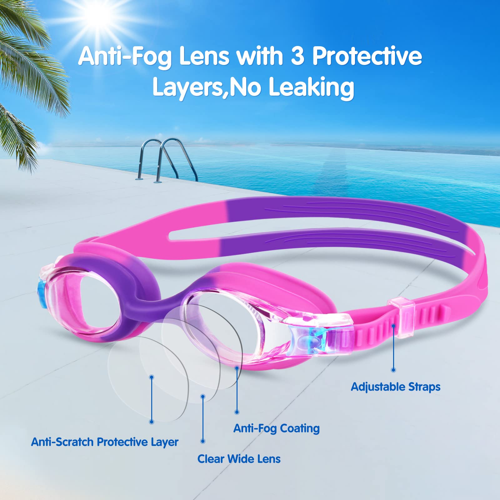 Proberos Swimming Goggles for Kids 6-14 with Case, Nose Clip and Earplugs, Anti-Fog No Leak Swimming Goggles for Boys Girls (Pink)