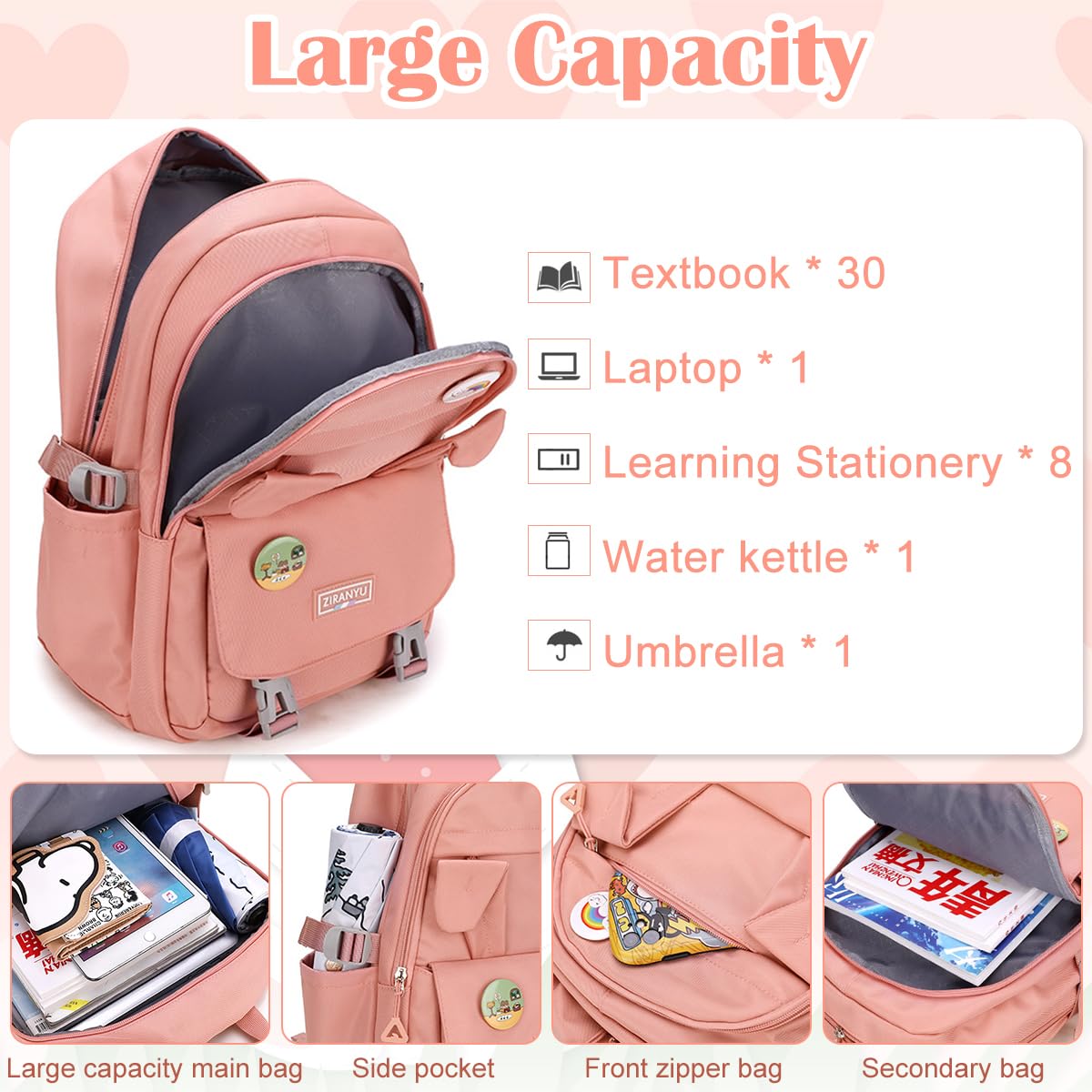 PALAY School Backpack for Girls Kawaii Bunny Ear Pink 15.6 Inches Laptop Backpack Fashion Nylon Casual Travel Backpack Multi Compartment Book Bag Chirstmas Birthday Gift for Girls, 32x20x43cm