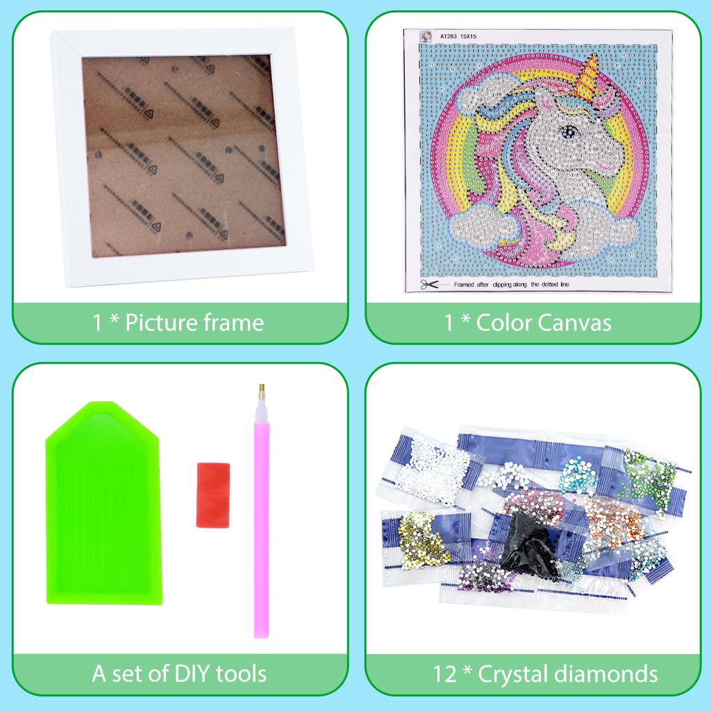 PATPAT DIY 5D Diamond Painting Kit for Kids Rainbow Unicorn Diamond Art Supplies, Arts and Crafts Painting with Frame & Tool, Unicorn Diamond Painting Art Kits for Children Unicorn DIY Desk Decor
