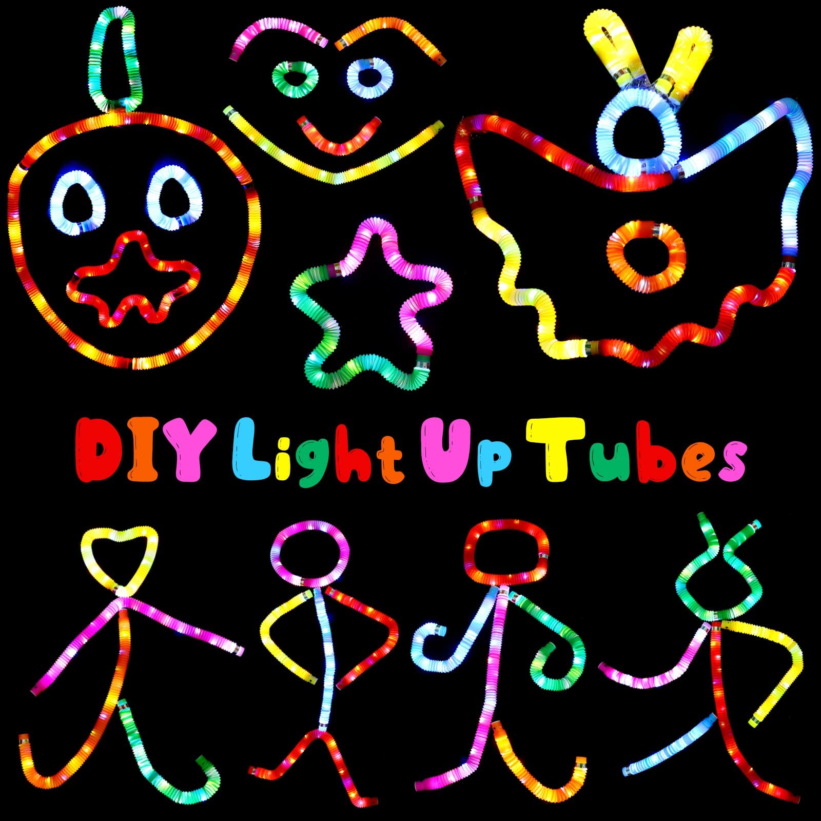 PATPAT 6Pcs LED Flashing Pop Tube Sensory Toys for Kids, Pull and Pop Tubes Fidget Toy, Color Glow Fidget Toy Adults Stretch and Bend Anxiety Stress ADHD Autism Relief Toys, Party Favors