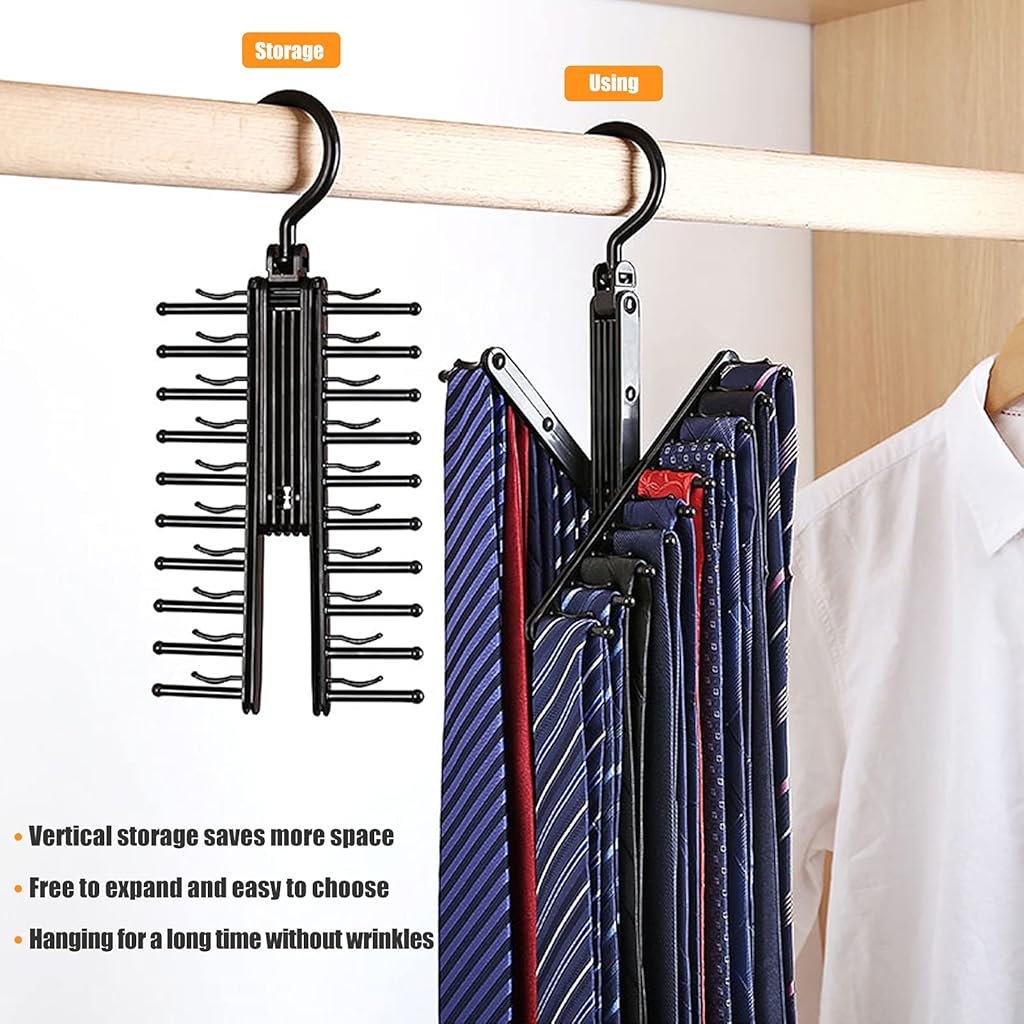 ZIBUYU® Hanger for 20 Tie Organizer with Non-Slip Clips Cupboard Organiser for Clothes Rack Holder 360 Degree Rotate to Open Close Space Saving for Ties Bowties Belts Scarves 3 PCS