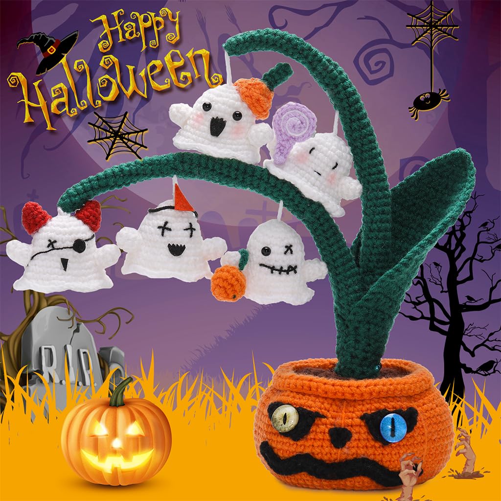PATPAT DIY Crochet Craft Kit DIY Halloween Spooky Ghost Pumpkin Tree Desk Decoration Beginners DIY Halloween Crochet Material Kit with Tutorials DIY Halloween Ghost Pumpkin Tree Home Decor