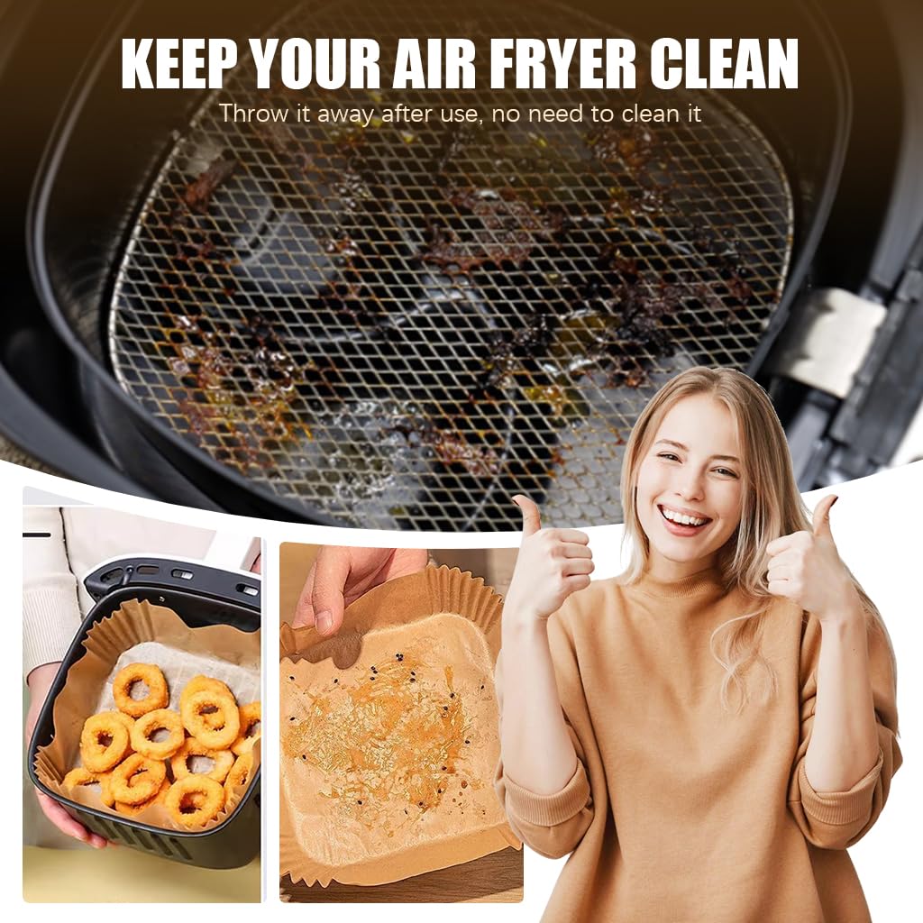 HASTHIP 100Pcs Disposable Air Fryer Paper Sheets, 6.3 Inch Square Air Fryer Parchment Paper, Non-Stick Air Fryer Paper Pads Baking Paper for Baking Roasting Microwave Frying Pan, Steamer, Airfryer