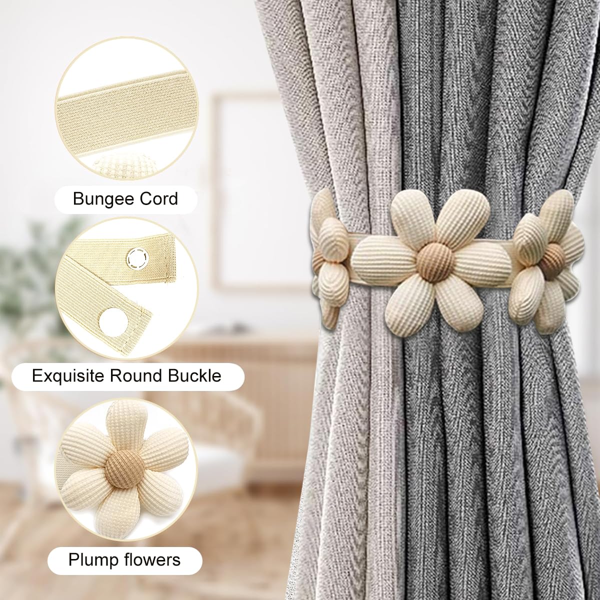 HASTHIP Curtain TieBacks, 2 Pack Pearl Curtain Tie Backs, Modern Decorative Curtain Holdbacks Holder with Elastic Cord Drapes Clips Buckle for Thin or Thick