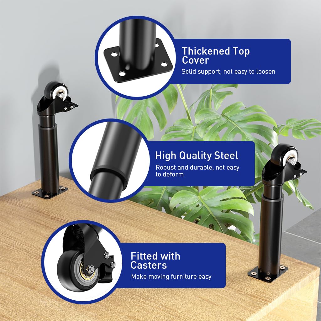 HASTHIP 4Pcs Furniture Legs 7-12 inch Metal Adjustable Furniture Legs with 360 ° Swivel Caster Wheels, 400KG Heavy Duty Metal Furniture Support Legs Bed Frame Support Legs for Cabinet/Sofa/Bed/Table