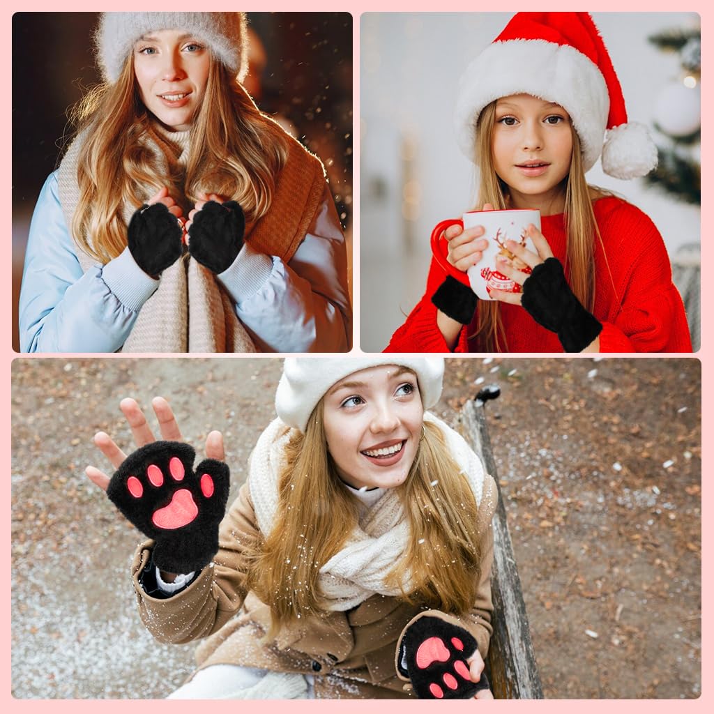 Venzina Cat Paw Winter Gloves for Women Winter Wear, Warm Plush Hand Gloves for Bike Women Gloves, Cute Fingerless Hand Gloves Cosplay Costumes for Women Girls (Black)